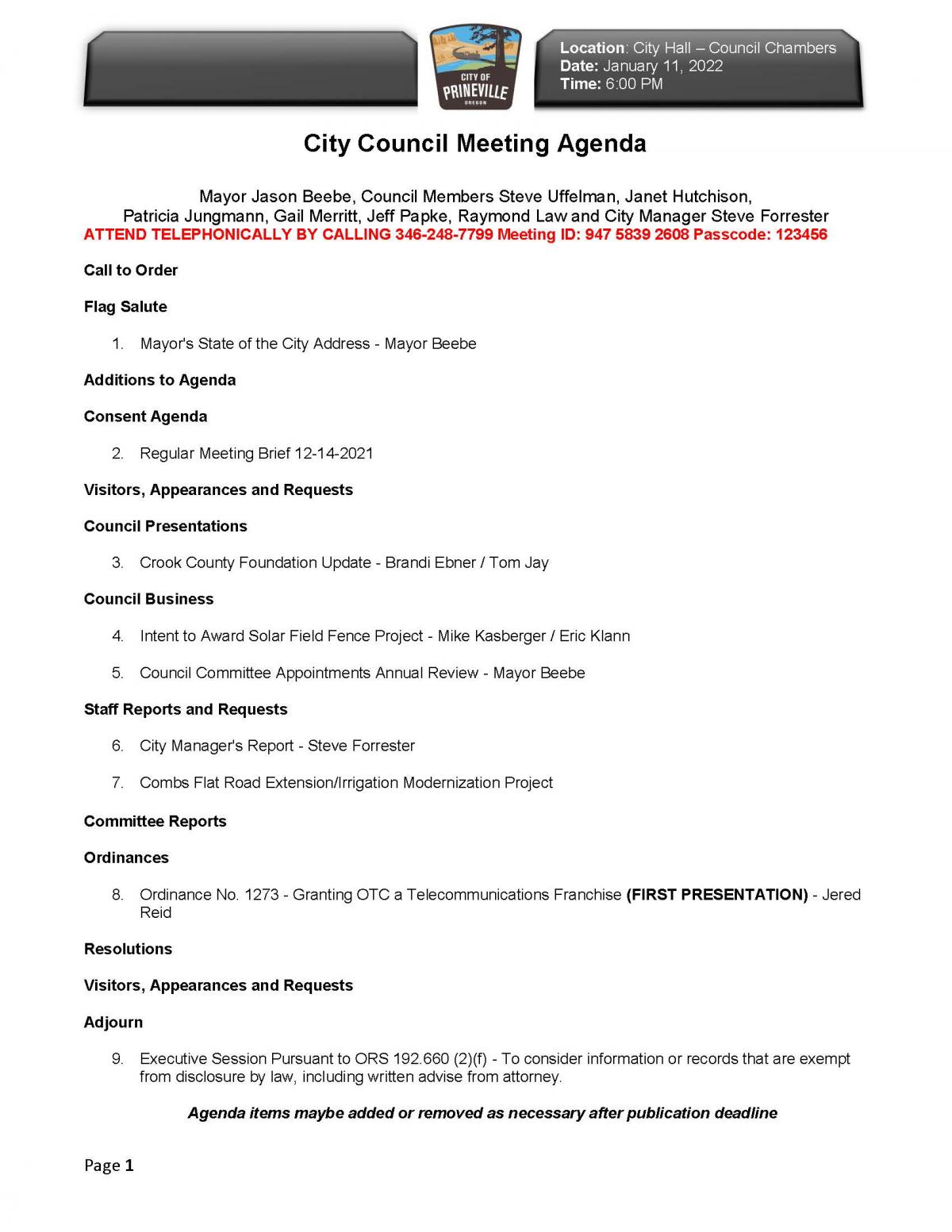 Council Agenda 1-11-2022