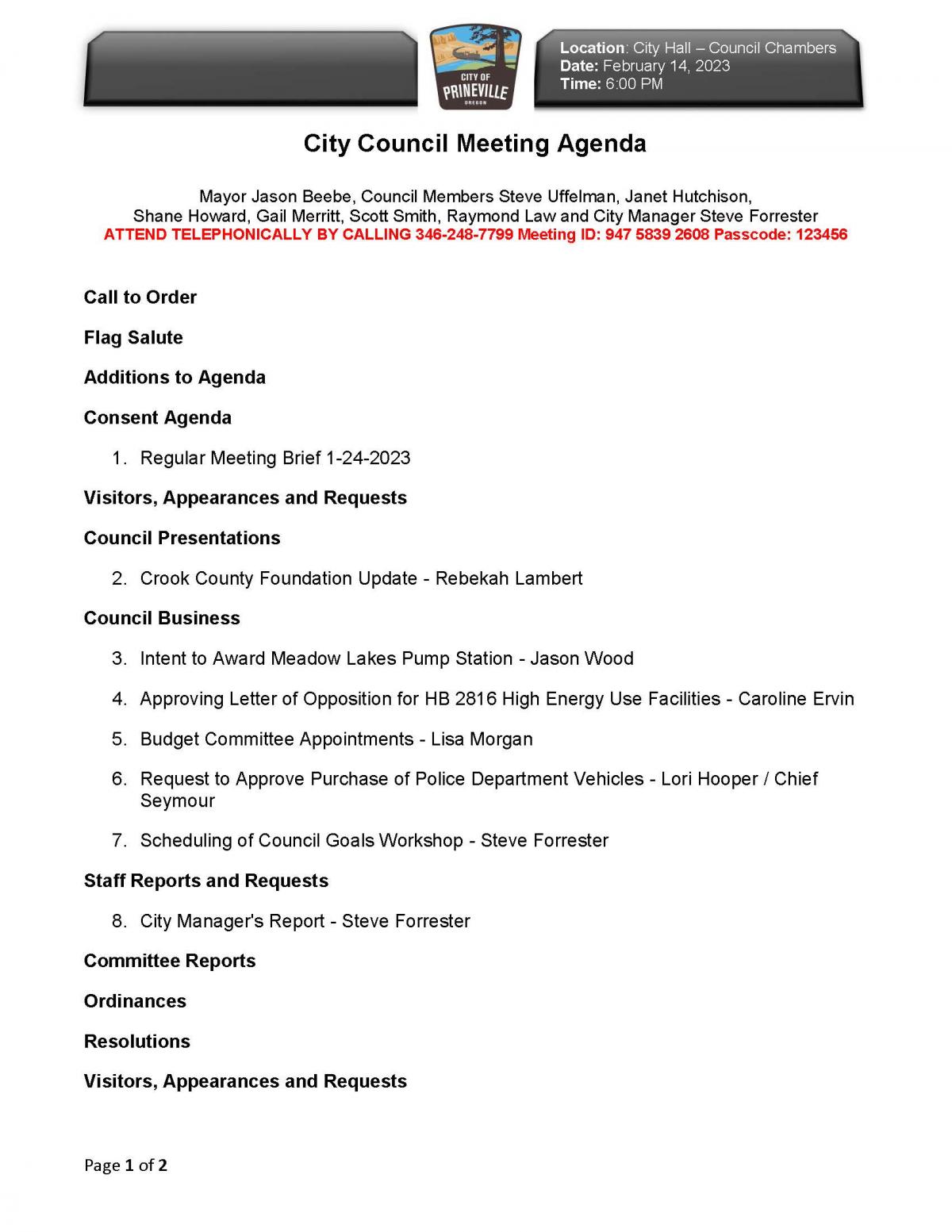 Page 1 of Council Agenda 2-14-2023