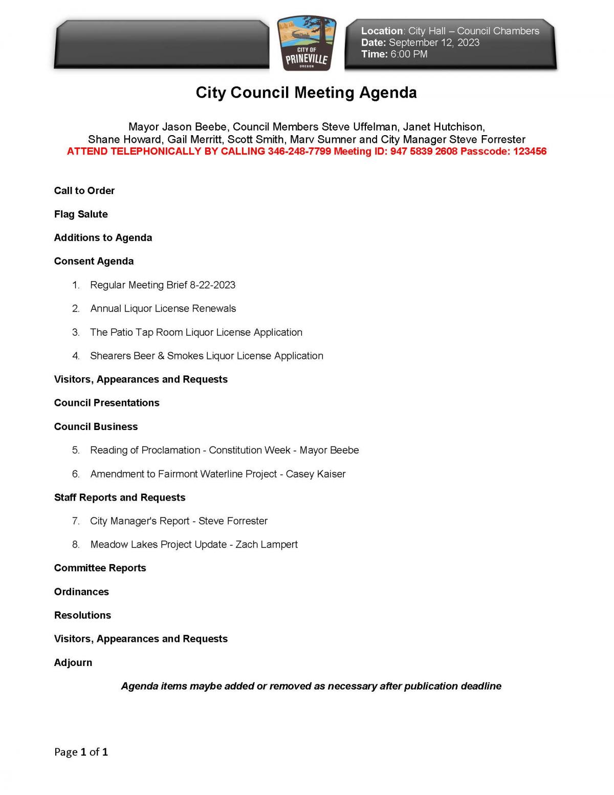 Council Agenda 9-12-2023
