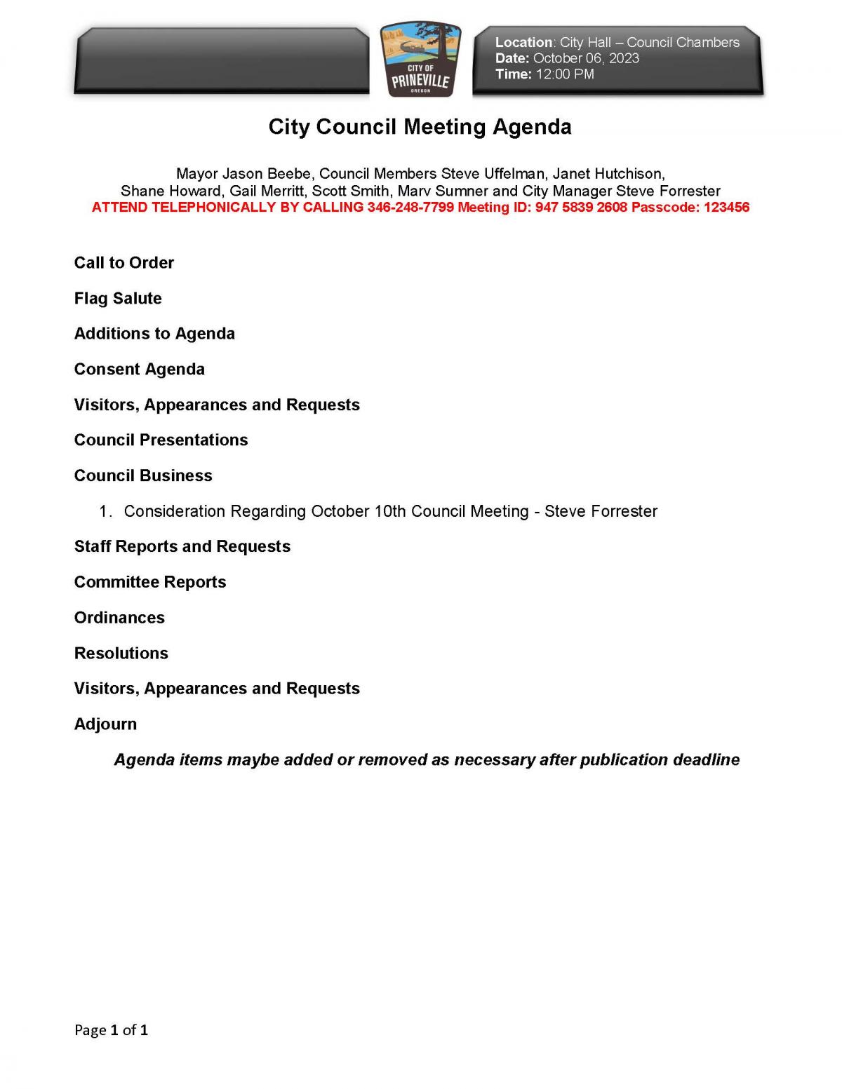 Special Council Meeting Agenda 10-6-2023