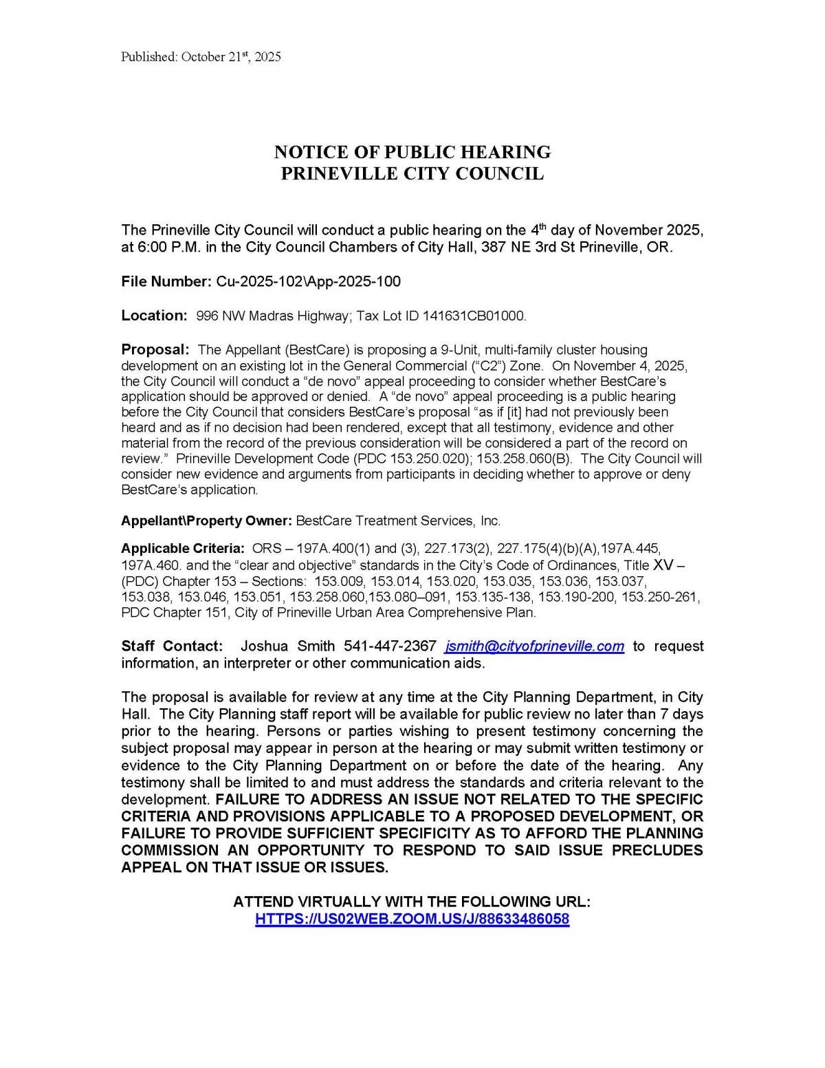 De Nova Public Hearing Notice