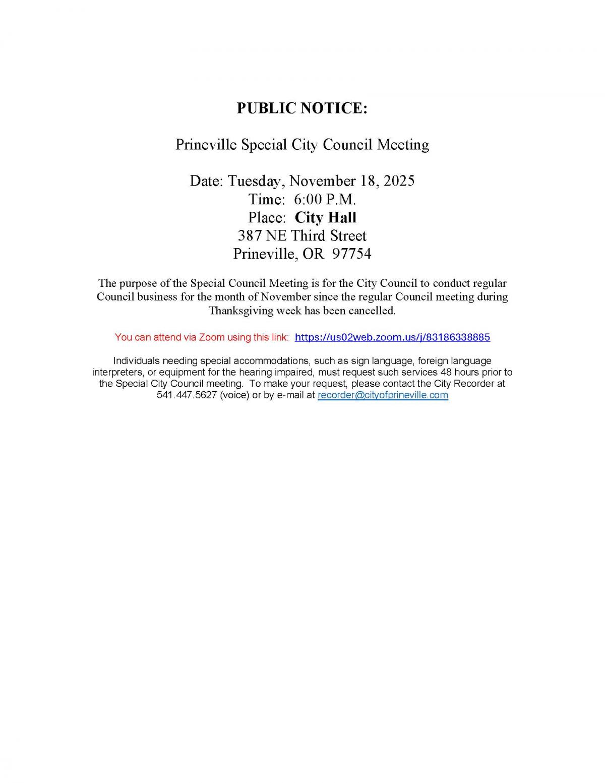 Public Notice - Special Council Meeting 11-18-2025