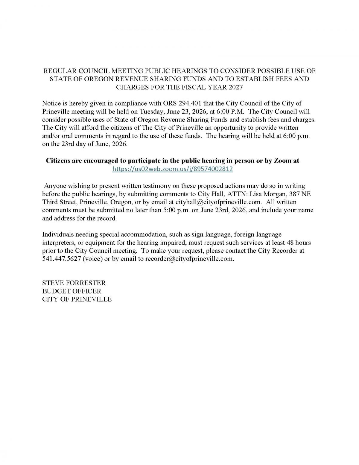 FY 2027 Public Hearing Notice - Oregon State Revenue Sharing and Establishing Fees