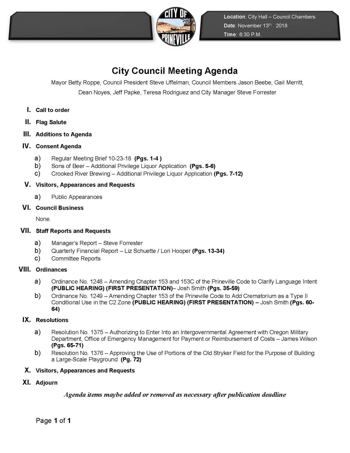 Council Agenda 11-13-18